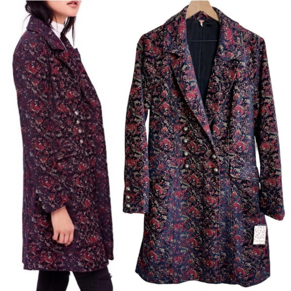 Free People Jackets & Blazers - Free People Retro Boho Long Floral Red & Purple Jacket Coat Medium